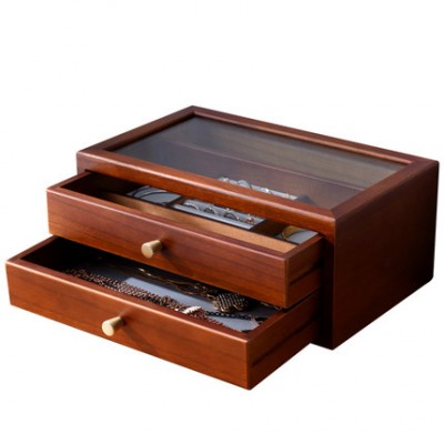 Wooden Jewelry Box 2 Drawers, Velvet Jewellery Organizer Earring Rings Bangle Bracelet Necklace Storage for Women, Girls